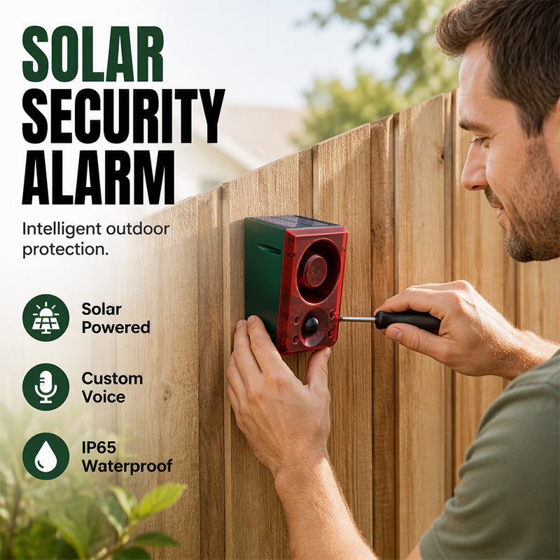☀️🚨 Luce di Allarme Solare di Sicurezza – Sensore IR ad Alta Sensibilità, Altoparlante ad Alto Volume, Registrazione Vocale Personalizzata, ABS Resistente – Per Esterni 🏠🔔