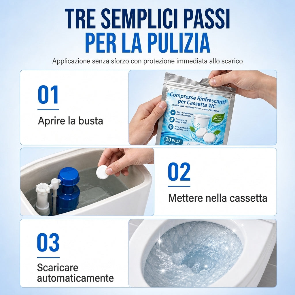 Confezione da 20 compresse effervescenti bianche rotonde per deodorare e profumare il vaso del water