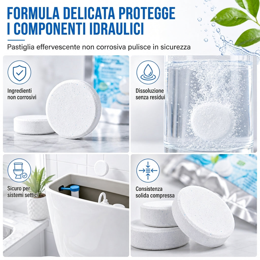 Confezione da 20 compresse effervescenti bianche rotonde per deodorare e profumare il vaso del water