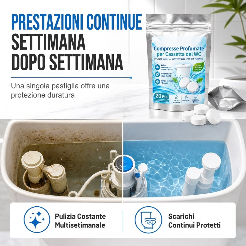 Confezione da 20 compresse effervescenti bianche rotonde per deodorare e profumare il vaso del water