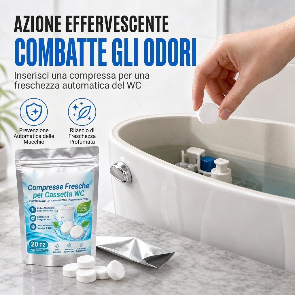 Confezione da 20 compresse effervescenti bianche rotonde per deodorare e profumare il vaso del water