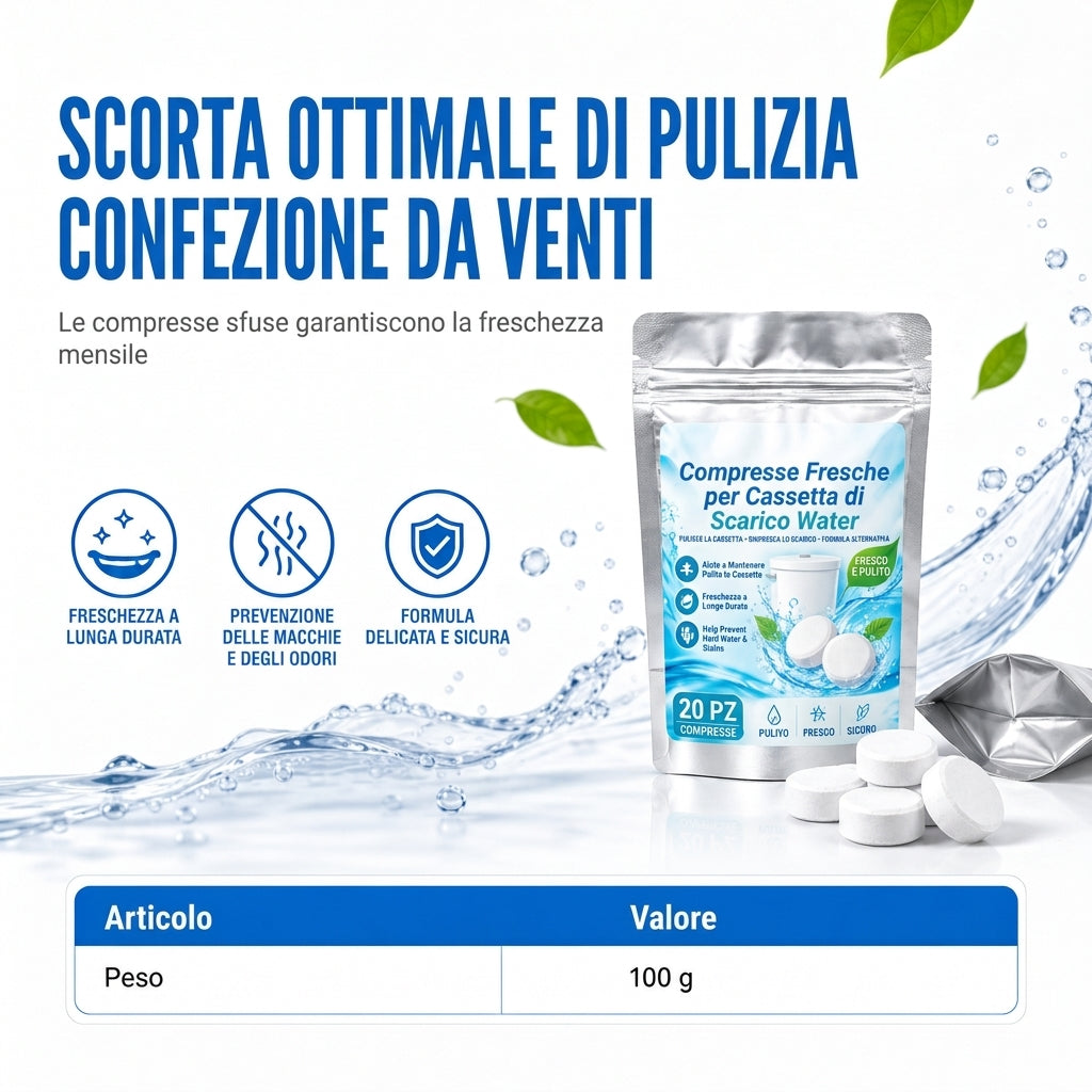Confezione da 20 compresse effervescenti bianche rotonde per deodorare e profumare il vaso del water