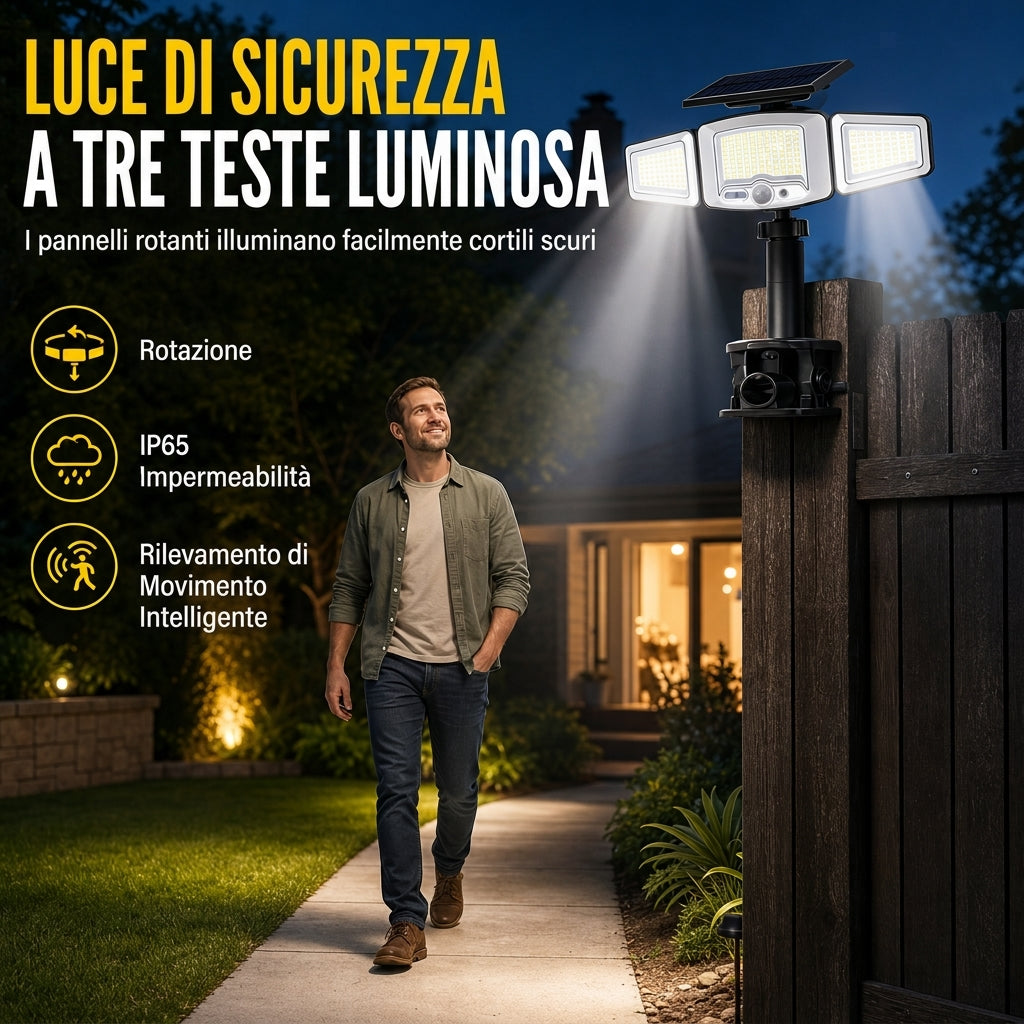 Lampada solare a 3 teste con sensore di movimento