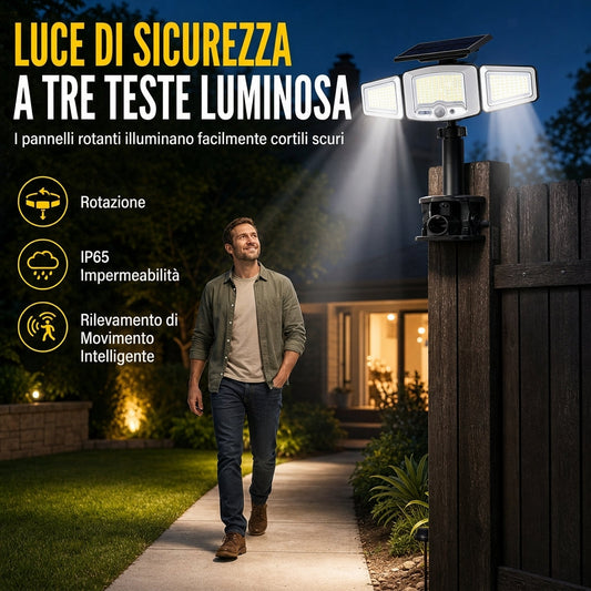 Lampada solare a 3 teste con sensore di movimento