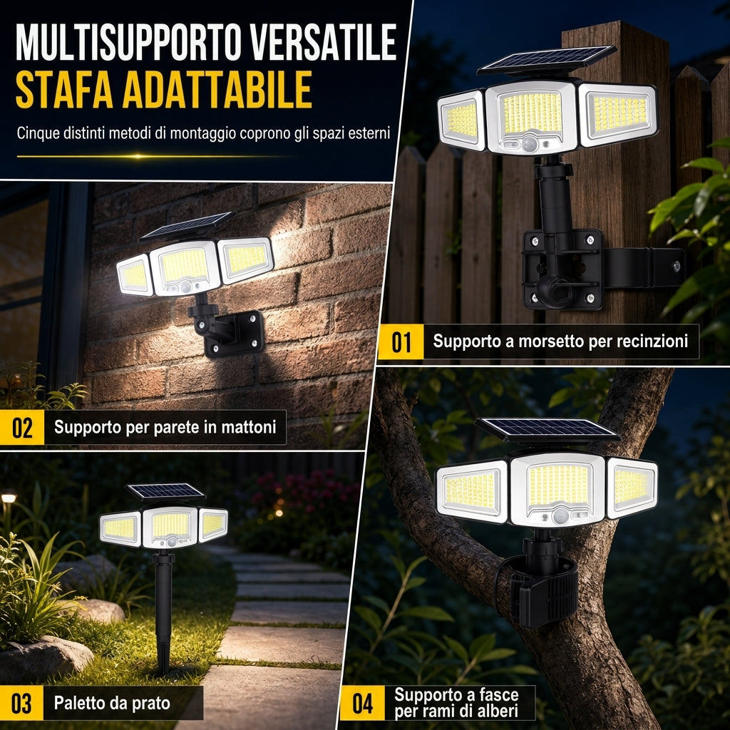 Lampada solare a 3 teste con sensore di movimento