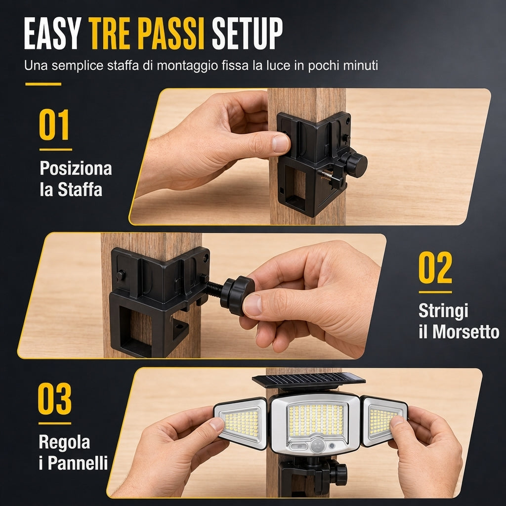 Lampada solare a 3 teste con sensore di movimento