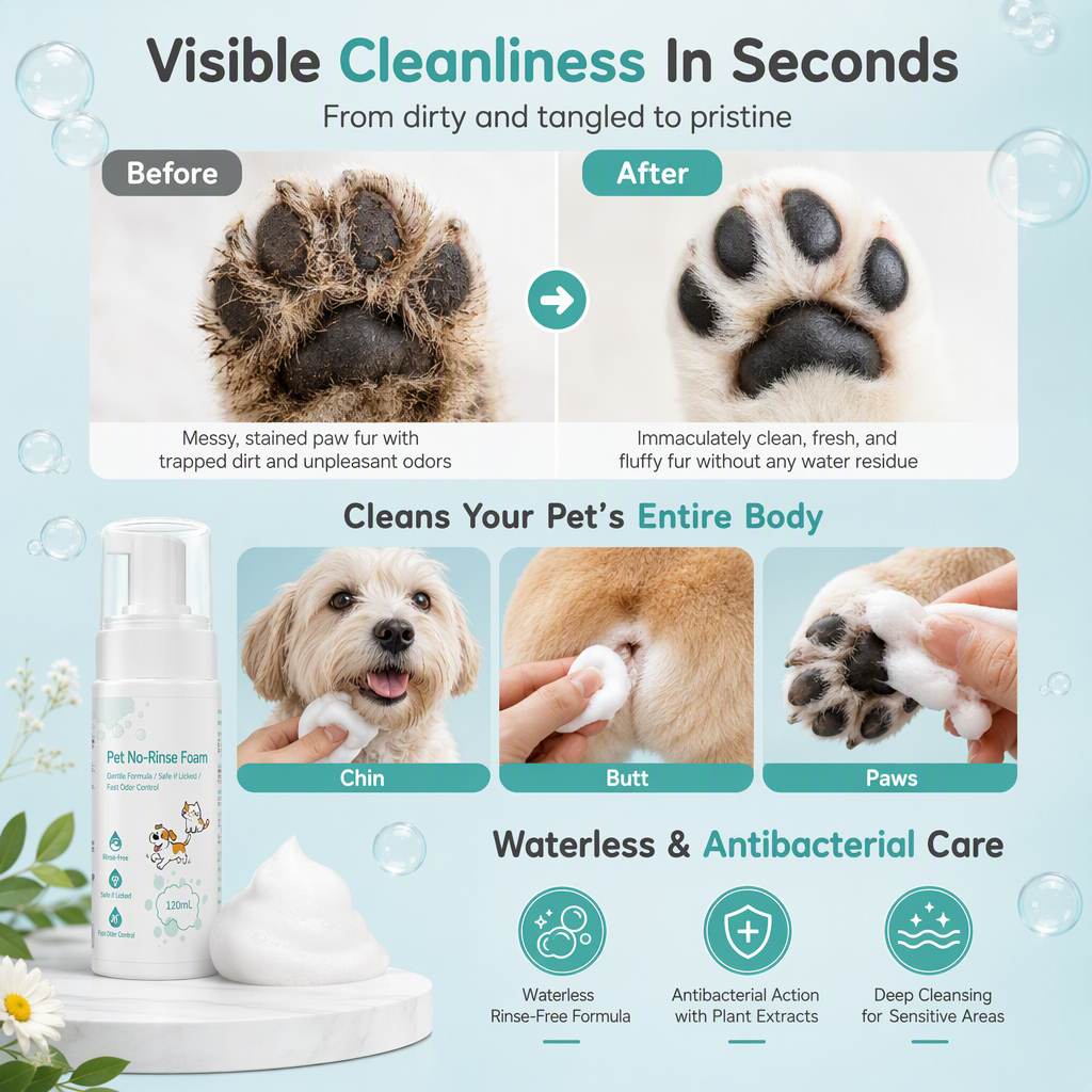 Mousse detergente senza risciacquo per cani e gatti