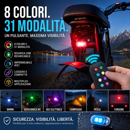 🚁 Luce stroboscopica con 8 colori – wireless, compatta e potente. Ricarica USB, spina impermeabile, telecomando – ideale per auto RC, barche, biciclette e attività all'aperto! ✨🔋