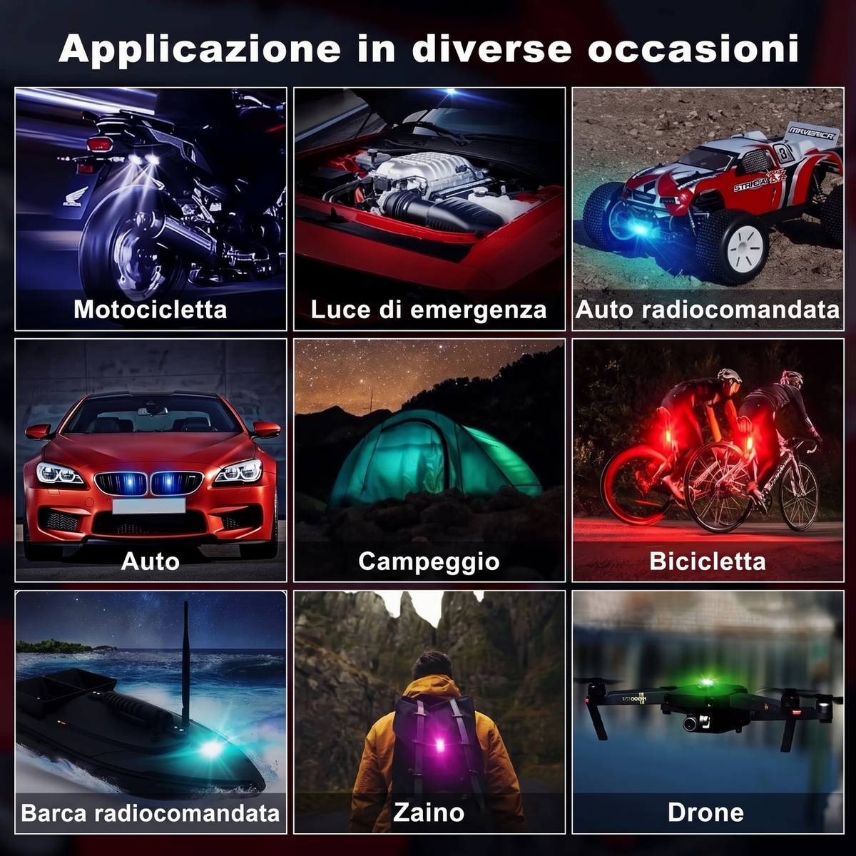🚁 Luce stroboscopica con 8 colori – wireless, compatta e potente. Ricarica USB, spina impermeabile, telecomando – ideale per auto RC, barche, biciclette e attività all'aperto! ✨🔋