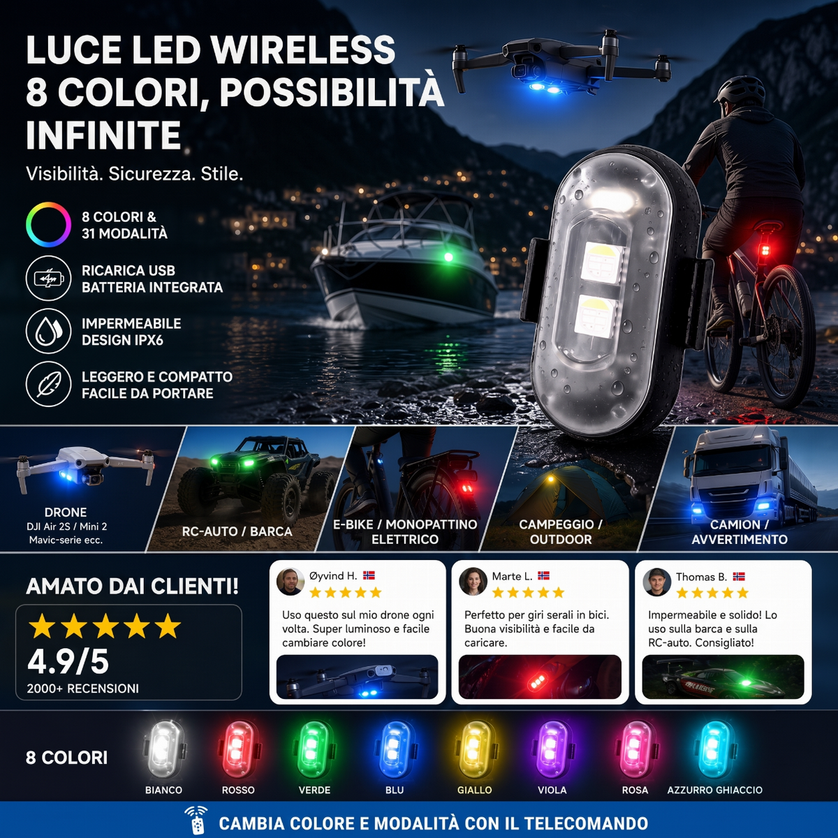 🚁 Luce stroboscopica con 8 colori – wireless, compatta e potente. Ricarica USB, spina impermeabile, telecomando – ideale per auto RC, barche, biciclette e attività all'aperto! ✨🔋