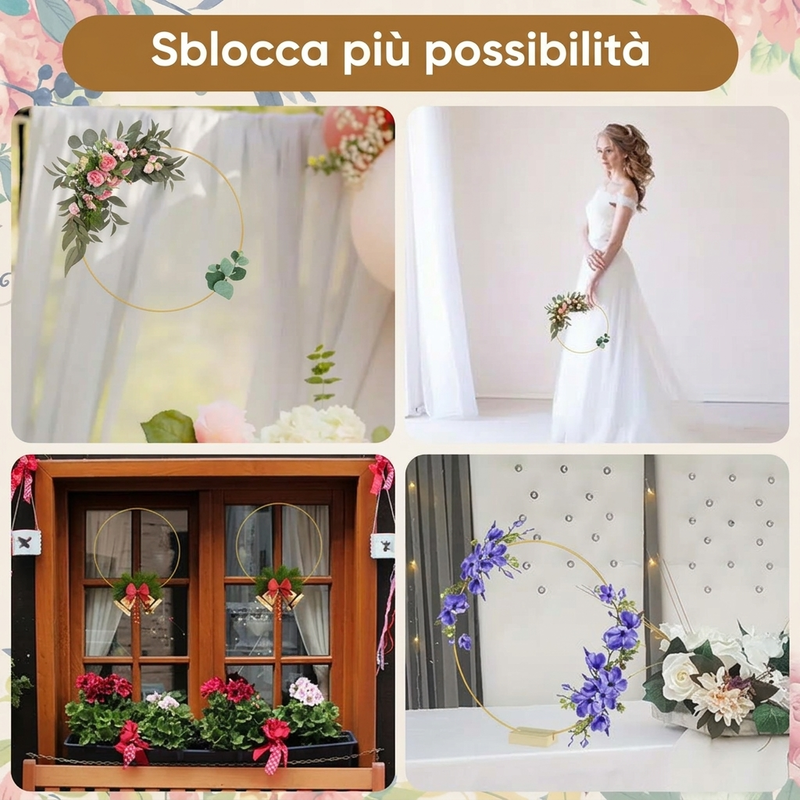 🌸 Sconto del 50%!✨ Cerchio decorativo color oro con supporto in legno – Centrotavola personalabile con filo luminoso a LED, design riutilizzabile per fiori, nastri e piante verdi – Elegante oggetto in ferro e pino per eventi e decorazioni quotidiane 🎀