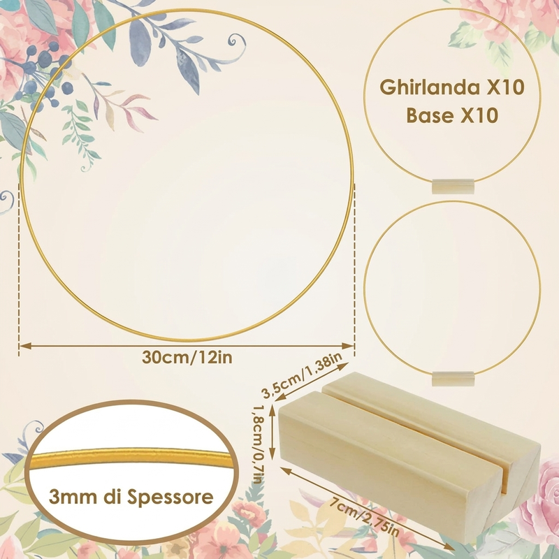 🌸 Sconto del 50%!✨ Cerchio decorativo color oro con supporto in legno – Centrotavola personalabile con filo luminoso a LED, design riutilizzabile per fiori, nastri e piante verdi – Elegante oggetto in ferro e pino per eventi e decorazioni quotidiane 🎀