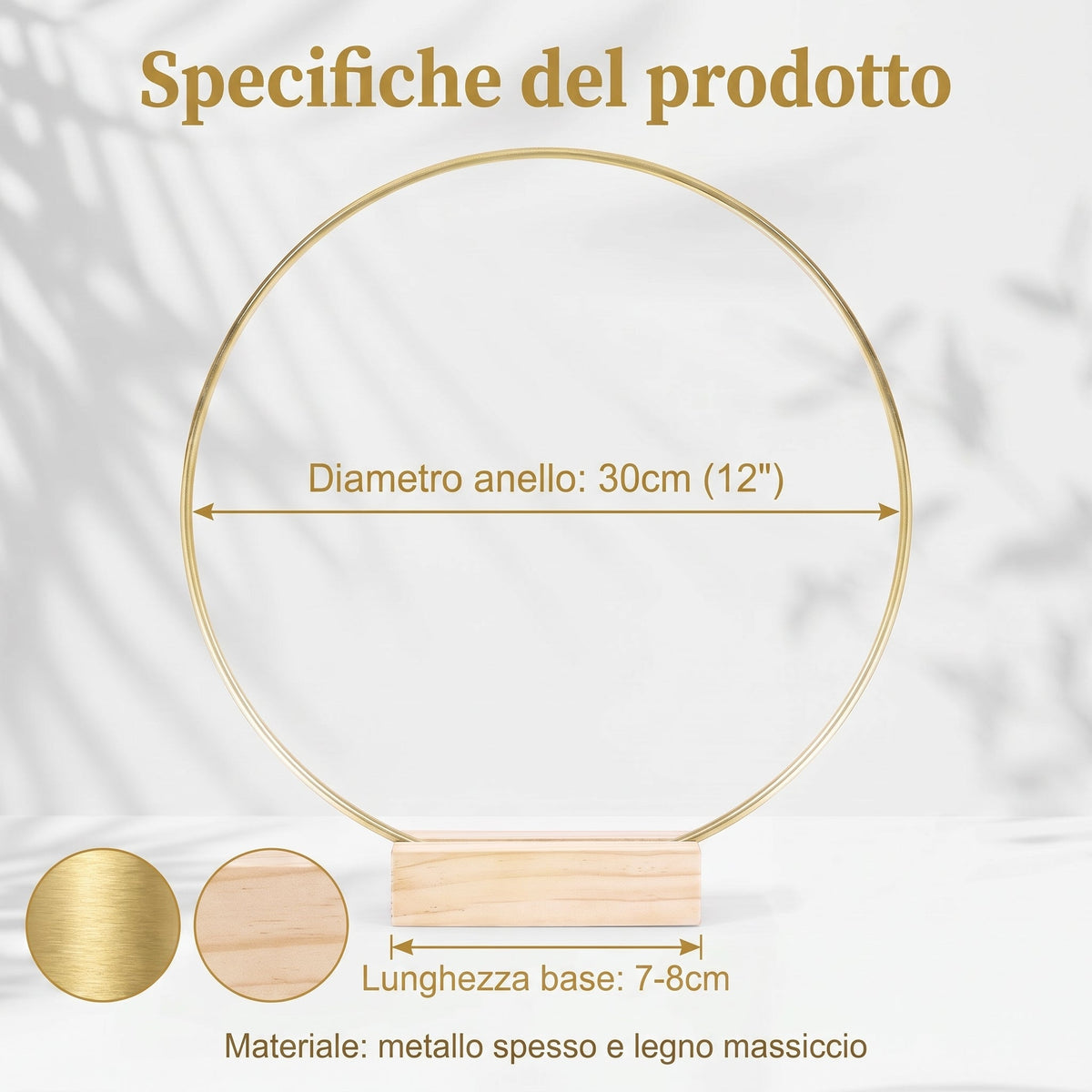 🌸 Sconto del 50%!✨ Cerchio decorativo color oro con supporto in legno – Centrotavola personalabile con filo luminoso a LED, design riutilizzabile per fiori, nastri e piante verdi – Elegante oggetto in ferro e pino per eventi e decorazioni quotidiane 🎀