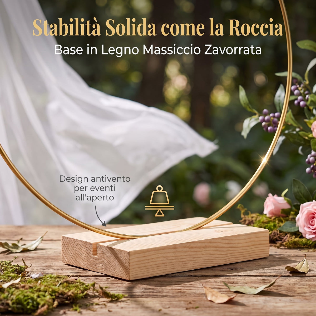 🌸 Sconto del 50%!✨ Cerchio decorativo color oro con supporto in legno – Centrotavola personalabile con filo luminoso a LED, design riutilizzabile per fiori, nastri e piante verdi – Elegante oggetto in ferro e pino per eventi e decorazioni quotidiane 🎀