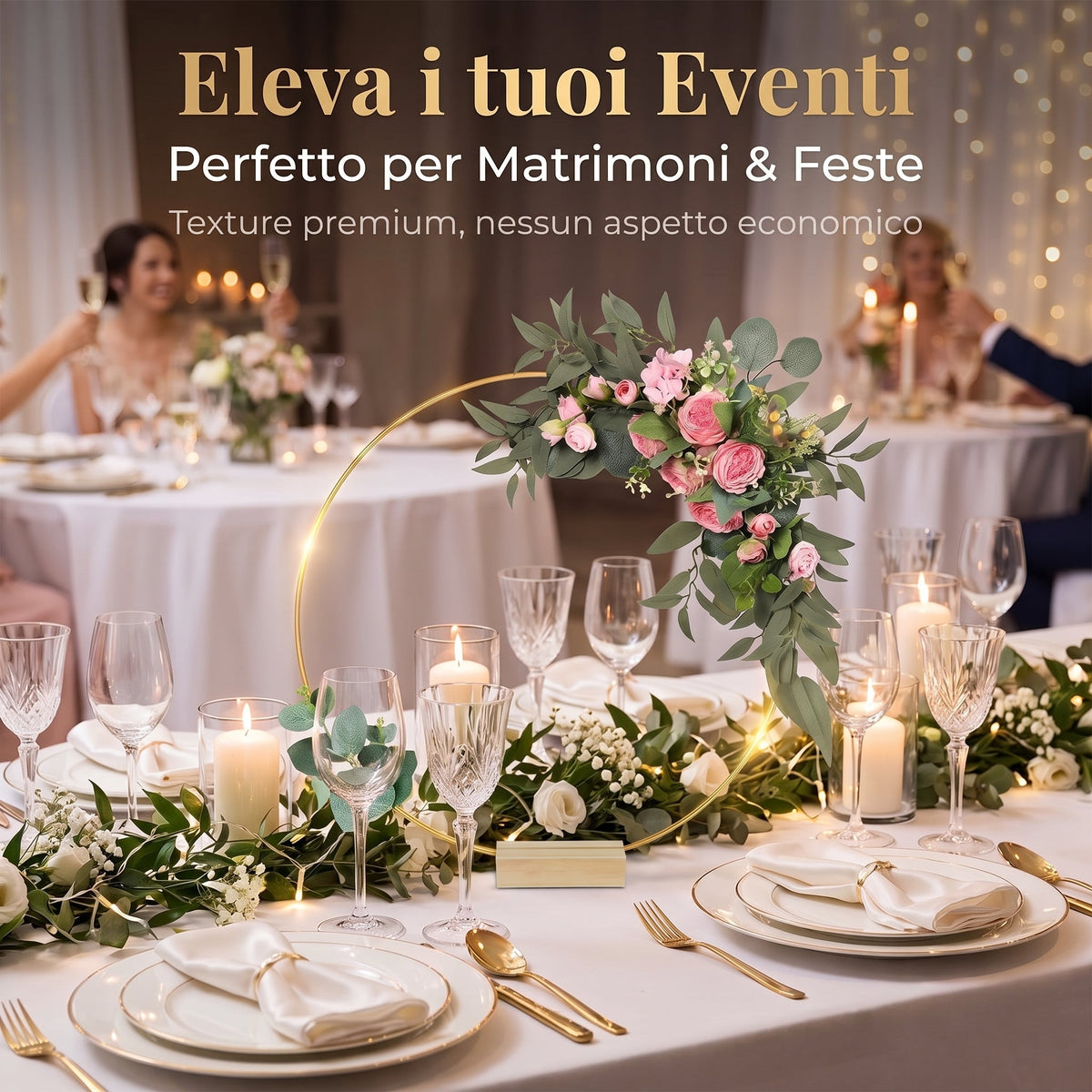 🌸 Sconto del 50%!✨ Cerchio decorativo color oro con supporto in legno – Centrotavola personalabile con filo luminoso a LED, design riutilizzabile per fiori, nastri e piante verdi – Elegante oggetto in ferro e pino per eventi e decorazioni quotidiane 🎀