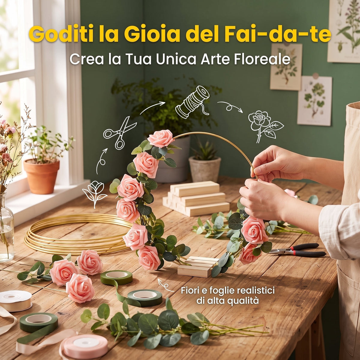 🌸 Sconto del 50%!✨ Cerchio decorativo color oro con supporto in legno – Centrotavola personalabile con filo luminoso a LED, design riutilizzabile per fiori, nastri e piante verdi – Elegante oggetto in ferro e pino per eventi e decorazioni quotidiane 🎀