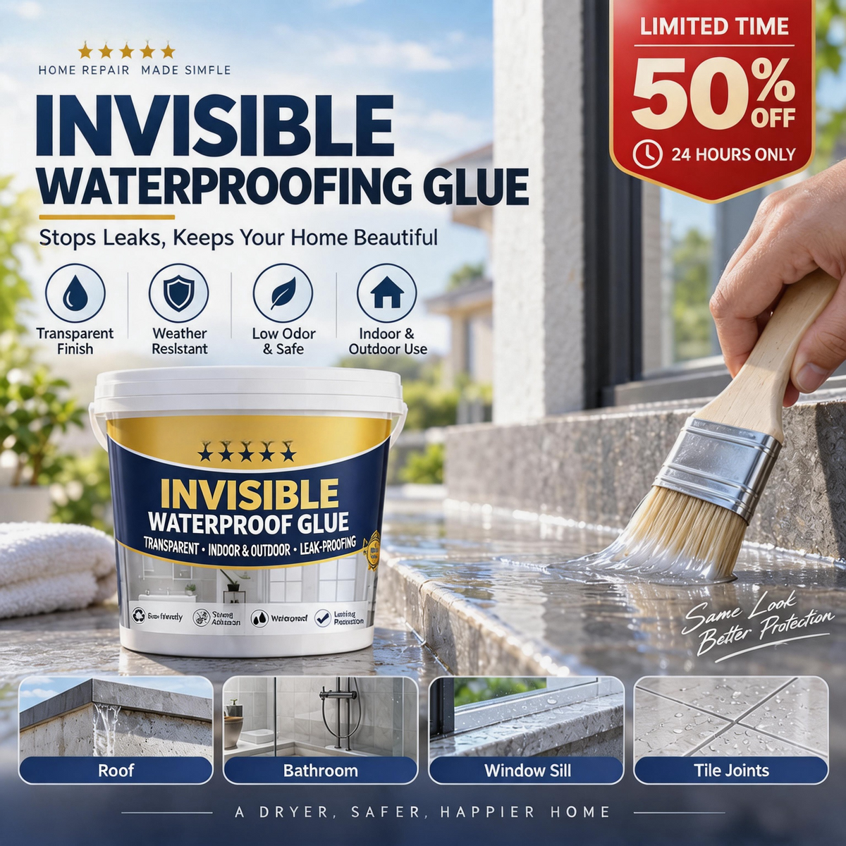 Sigillante Rivestimento in Colla Trasparente Impermeabile, Ripara Perdite per Bagno, Cucina, Tetto e Davanzali con Pennello