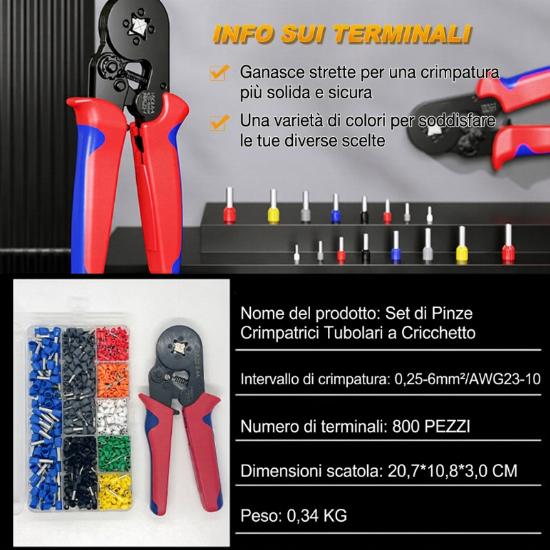 🎊 SUBITO -50%! Set di Crimpatrici per Terminali Tubolari a Cricchetto – Utensile per Crimpare i Fili Ergonomico e Auto-Regolabile per Progetti di Cablaggio Elettrico
