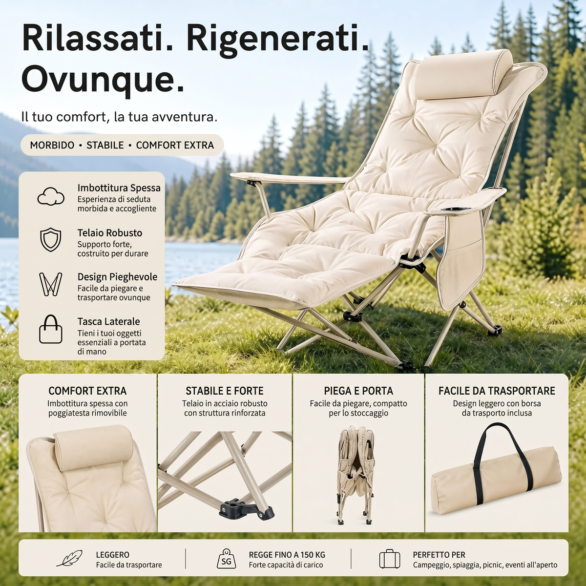 🪑 Sedia pieghevole regolabile portatile per esterni – Leggera, stabile e versatile – Ideale per giardino, campeggio, spiaggia o terrazza – Trasporto e montaggio semplici 🏕️✨