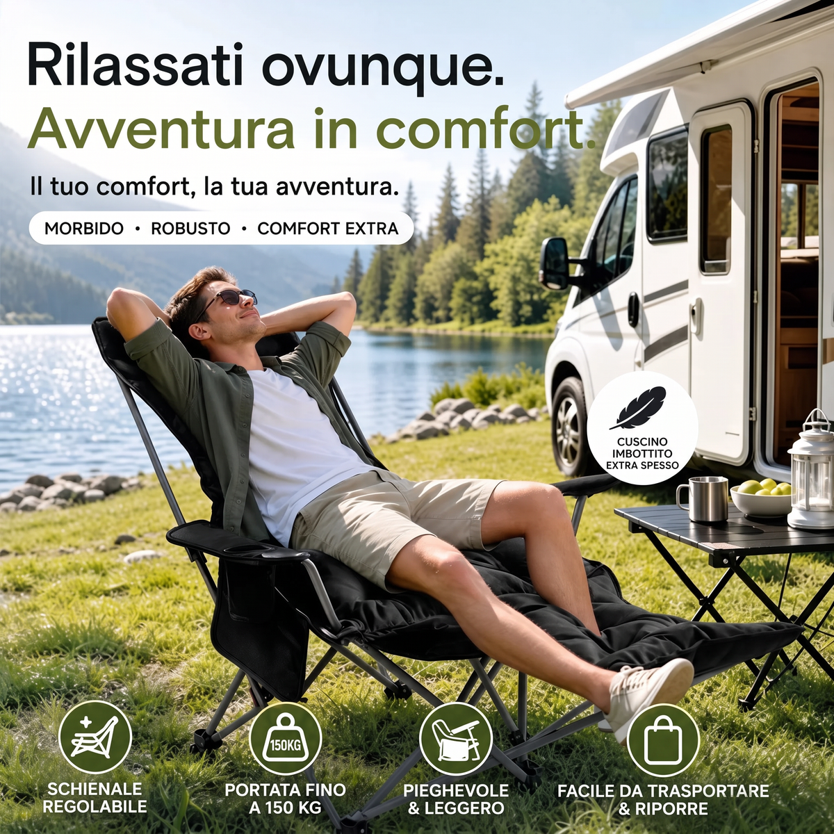 🪑 Sedia pieghevole regolabile portatile per esterni – Leggera, stabile e versatile – Ideale per giardino, campeggio, spiaggia o terrazza – Trasporto e montaggio semplici 🏕️✨