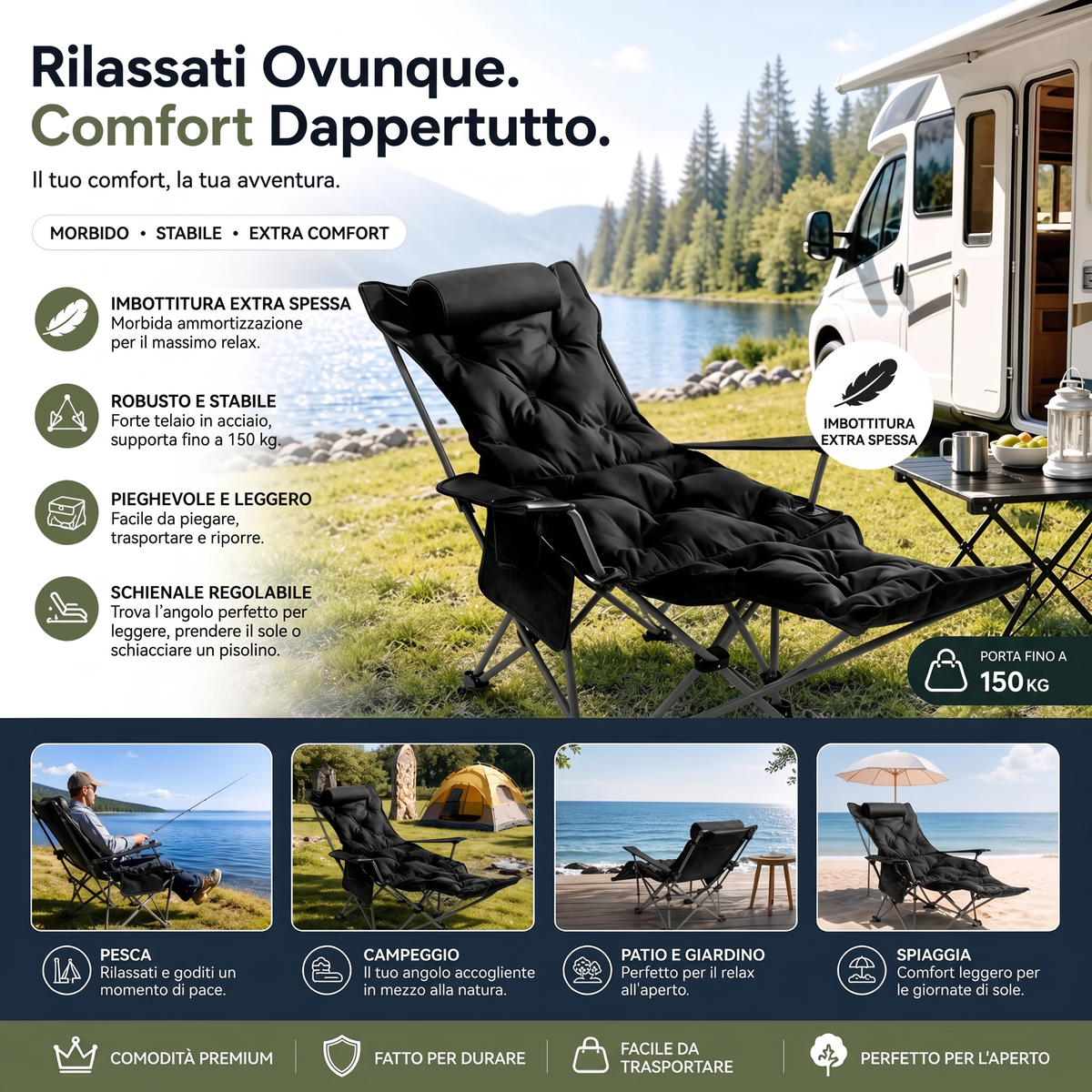 🪑 Sedia pieghevole regolabile portatile per esterni – Leggera, stabile e versatile – Ideale per giardino, campeggio, spiaggia o terrazza – Trasporto e montaggio semplici 🏕️✨