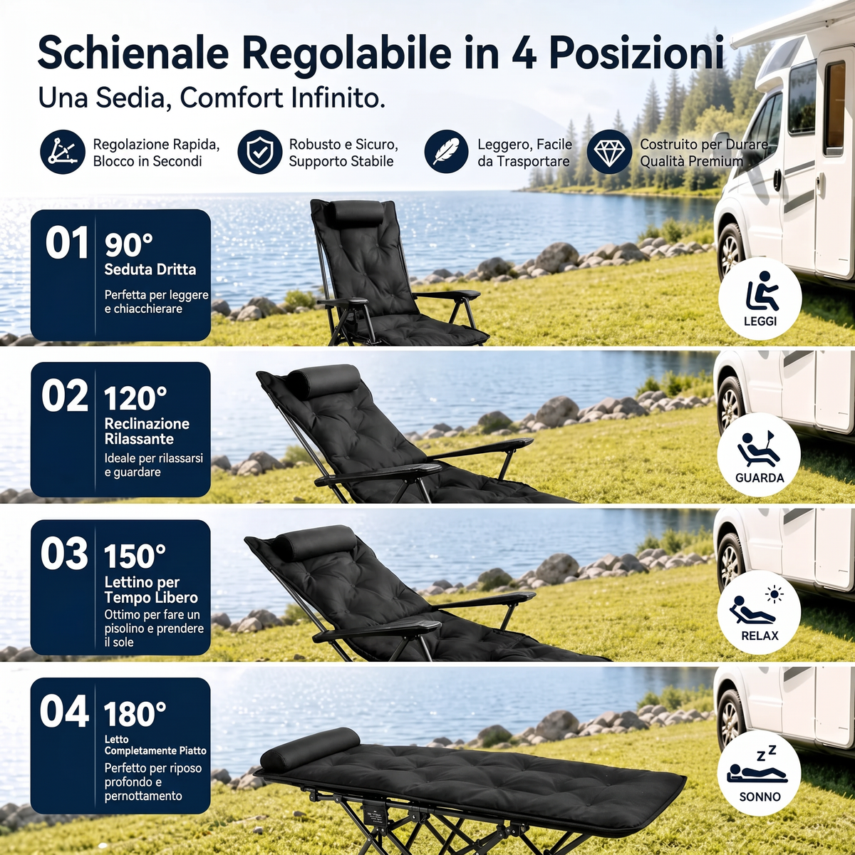 🪑 Sedia pieghevole regolabile portatile per esterni – Leggera, stabile e versatile – Ideale per giardino, campeggio, spiaggia o terrazza – Trasporto e montaggio semplici 🏕️✨