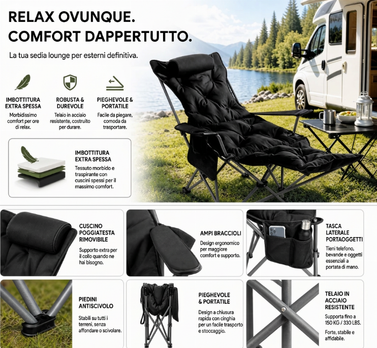🪑 Sedia pieghevole regolabile portatile per esterni – Leggera, stabile e versatile – Ideale per giardino, campeggio, spiaggia o terrazza – Trasporto e montaggio semplici 🏕️✨