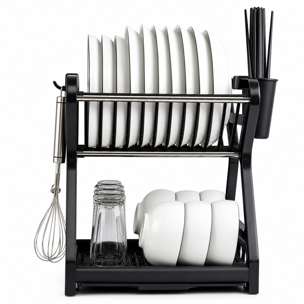 🍽️💧50% DI SCONTO ORA! Scolapiatti in Acciaio Multistrato – Portapiatti Verticale a 2 Livelli con Vassoio Gocciolatoio e Portautensili, Montaggio Senza Attrezzi per Piano di Lavoro della Cucina