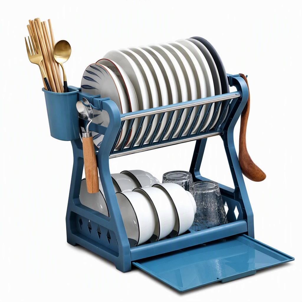 🍽️💧50% DI SCONTO ORA! Scolapiatti in Acciaio Multistrato – Portapiatti Verticale a 2 Livelli con Vassoio Gocciolatoio e Portautensili, Montaggio Senza Attrezzi per Piano di Lavoro della Cucina