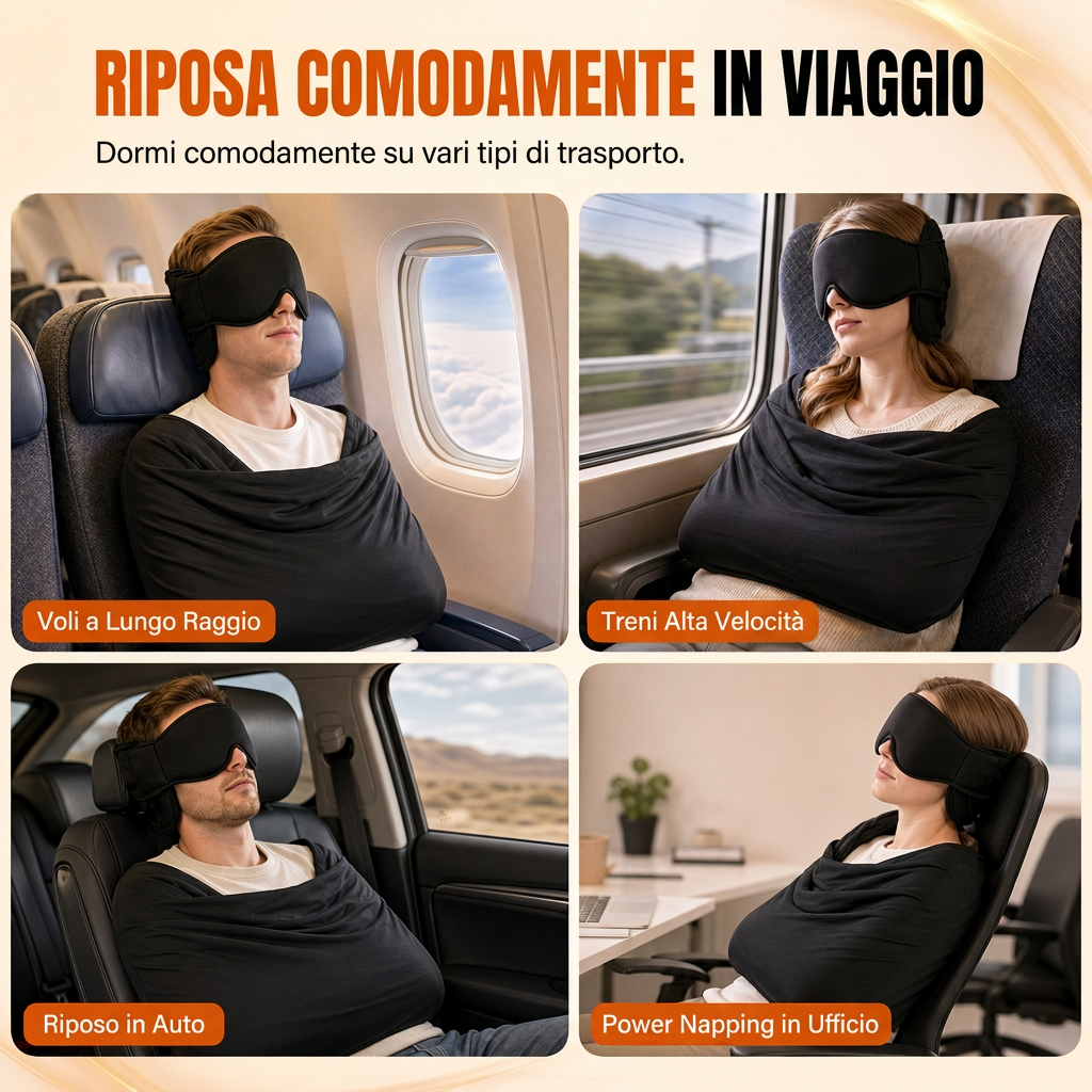 Set di cuscino da viaggio in memory foam integrato e maschera per il sonno oscurante 3D per supporto cervicale durante il viaggio