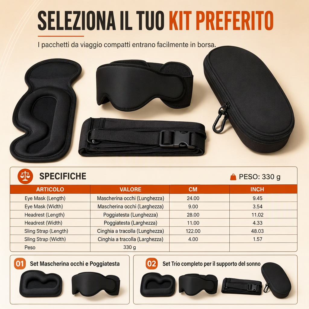 Set di cuscino da viaggio in memory foam integrato e maschera per il sonno oscurante 3D per supporto cervicale durante il viaggio