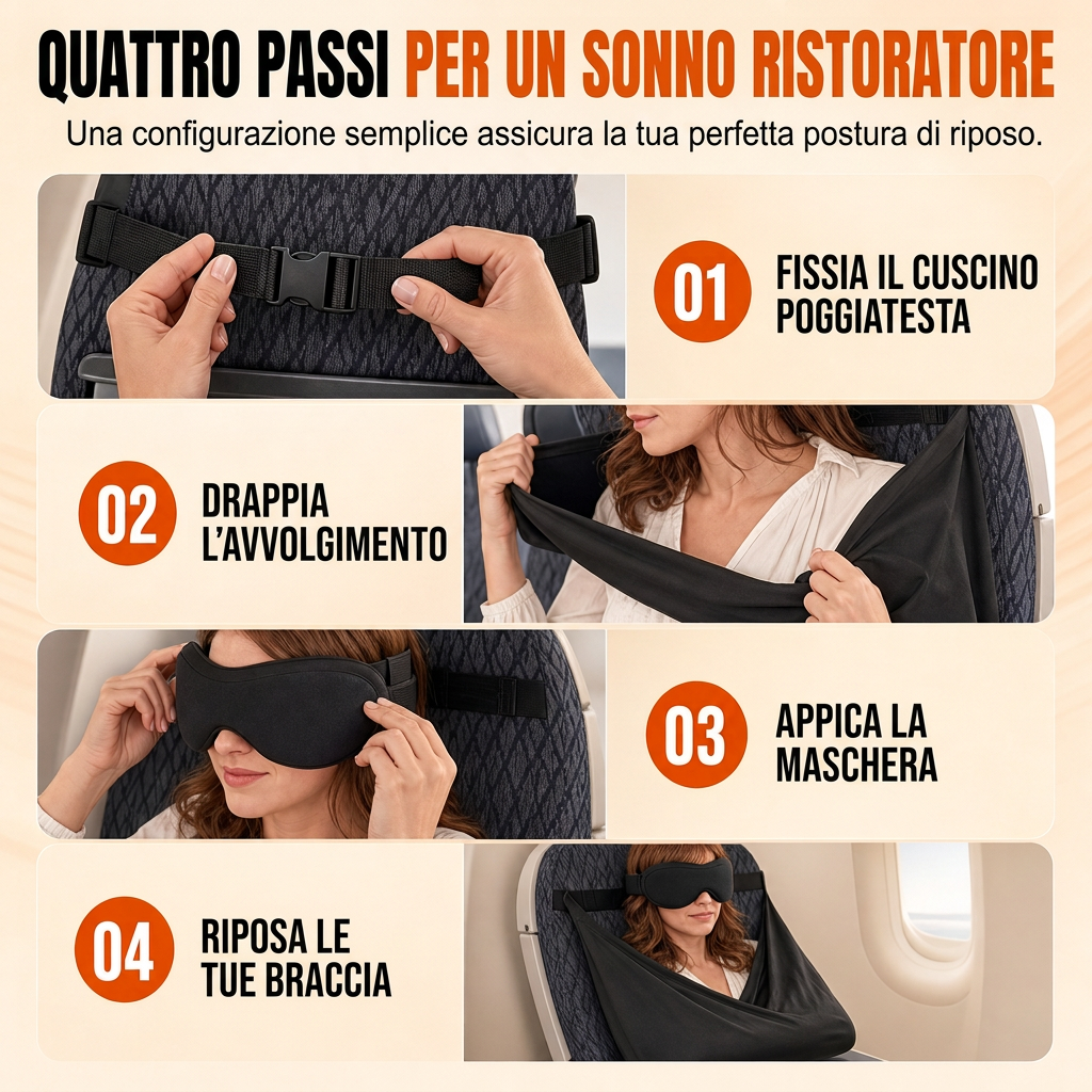 Set di cuscino da viaggio in memory foam integrato e maschera per il sonno oscurante 3D per supporto cervicale durante il viaggio