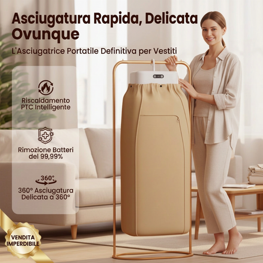 👕💨 Asciugabiancheria portatile – Sconto del 50%! Riscaldamento PTC da 600W, flusso d'aria delicato a 360°, eliminazione del 99,99% dei batteri – asciuga tutto in modo sicuro. ✨