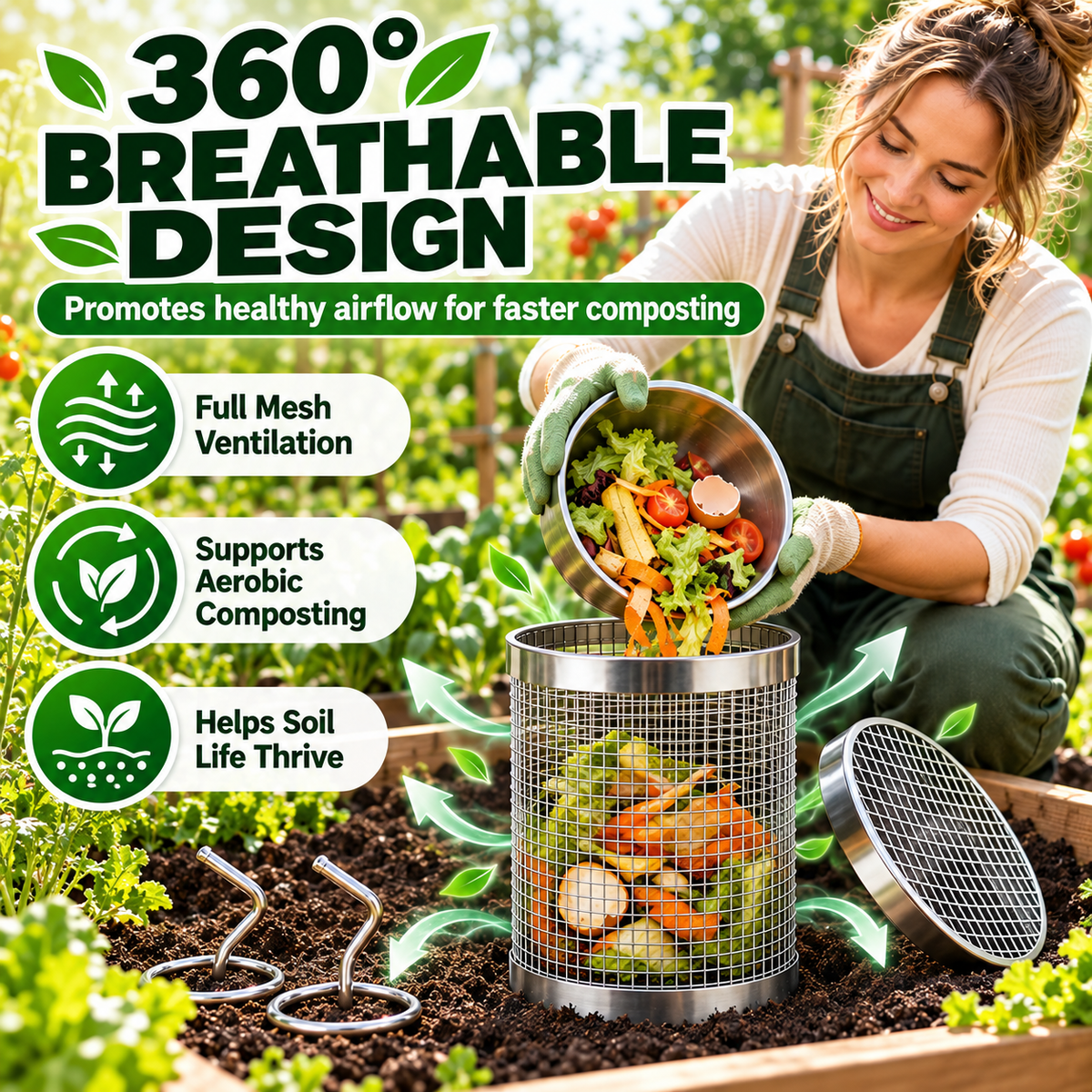 Tubo per compostaggio a lombrichi in acciaio inox per giardini