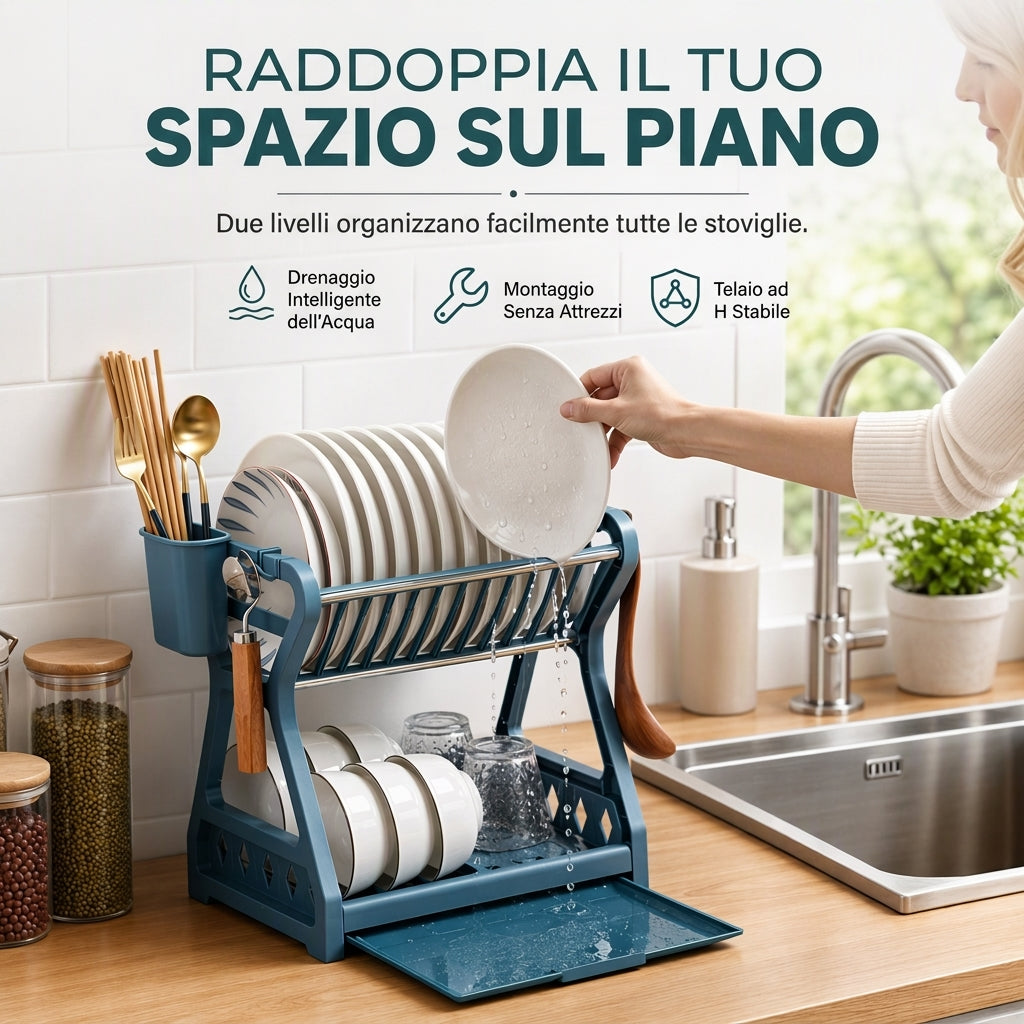 🍽️💧50% DI SCONTO ORA! Scolapiatti in Acciaio Multistrato – Portapiatti Verticale a 2 Livelli con Vassoio Gocciolatoio e Portautensili, Montaggio Senza Attrezzi per Piano di Lavoro della Cucina
