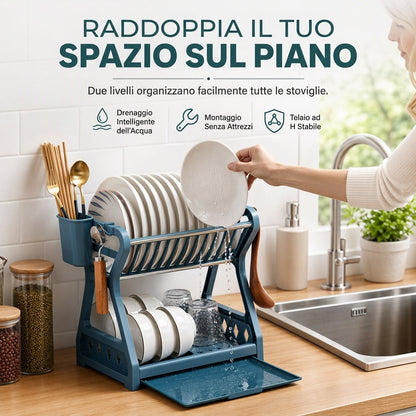 🍽️💧50% DI SCONTO ORA! Scolapiatti in Acciaio Multistrato – Portapiatti Verticale a 2 Livelli con Vassoio Gocciolatoio e Portautensili, Montaggio Senza Attrezzi per Piano di Lavoro della Cucina