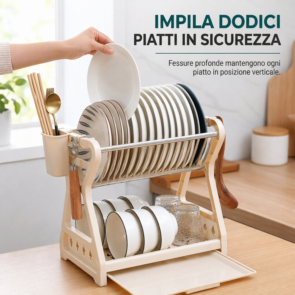 🍽️💧50% DI SCONTO ORA! Scolapiatti in Acciaio Multistrato – Portapiatti Verticale a 2 Livelli con Vassoio Gocciolatoio e Portautensili, Montaggio Senza Attrezzi per Piano di Lavoro della Cucina