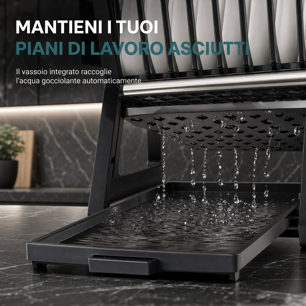 🍽️💧50% DI SCONTO ORA! Scolapiatti in Acciaio Multistrato – Portapiatti Verticale a 2 Livelli con Vassoio Gocciolatoio e Portautensili, Montaggio Senza Attrezzi per Piano di Lavoro della Cucina