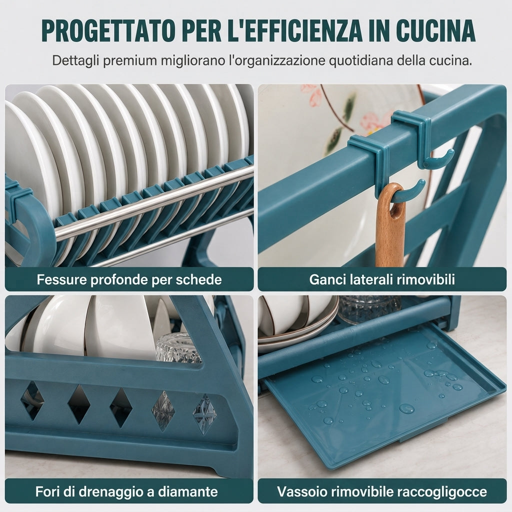 🍽️💧50% DI SCONTO ORA! Scolapiatti in Acciaio Multistrato – Portapiatti Verticale a 2 Livelli con Vassoio Gocciolatoio e Portautensili, Montaggio Senza Attrezzi per Piano di Lavoro della Cucina