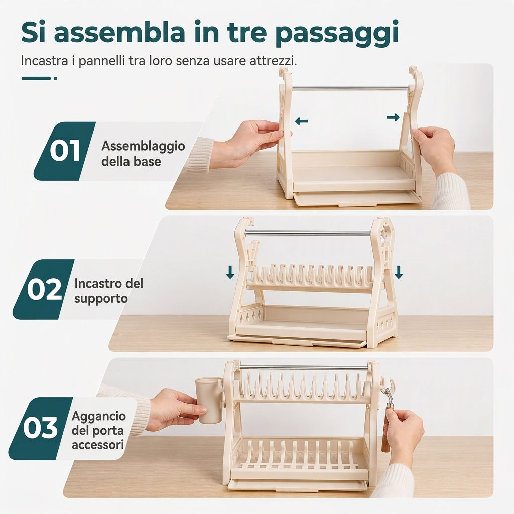 🍽️💧50% DI SCONTO ORA! Scolapiatti in Acciaio Multistrato – Portapiatti Verticale a 2 Livelli con Vassoio Gocciolatoio e Portautensili, Montaggio Senza Attrezzi per Piano di Lavoro della Cucina