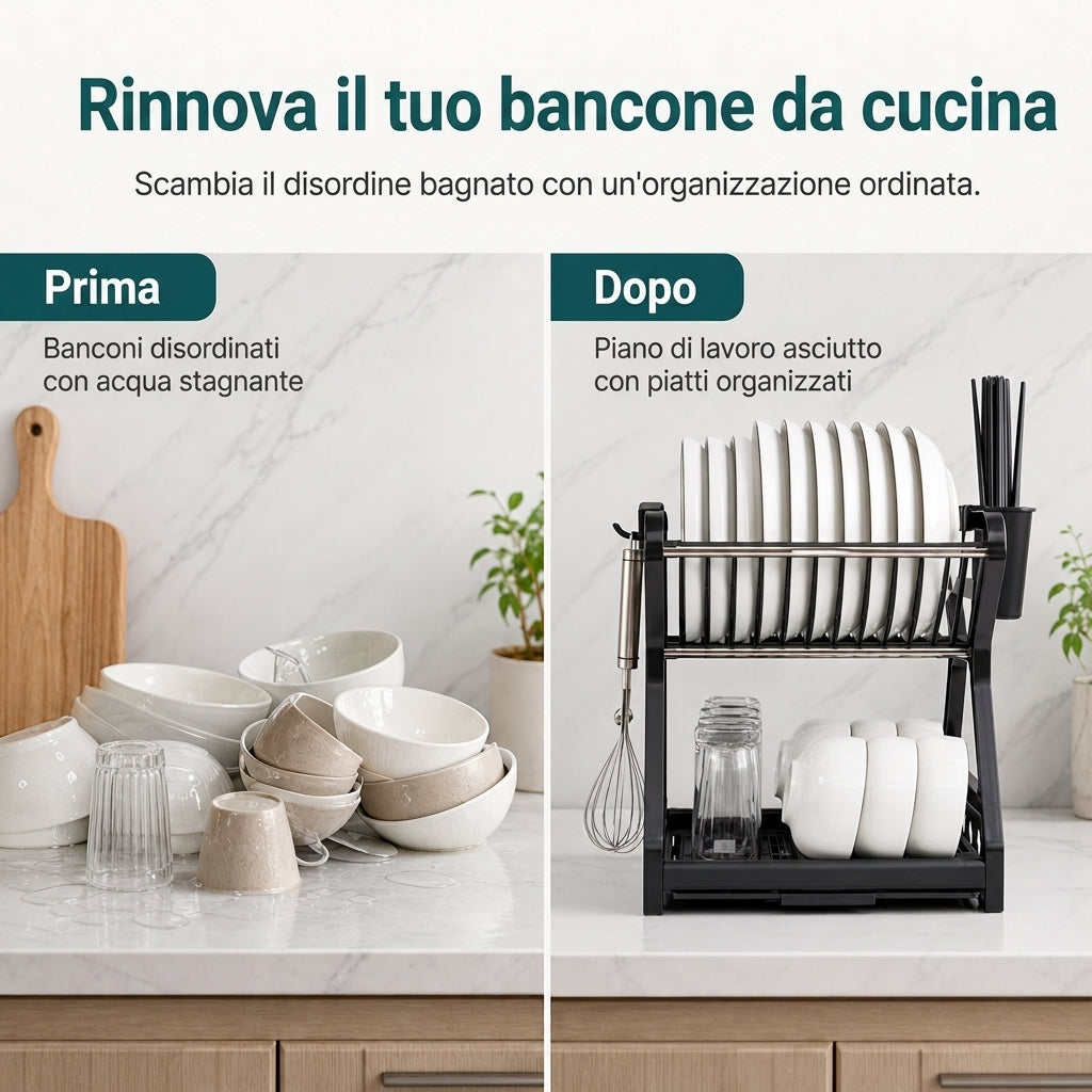 🍽️💧50% DI SCONTO ORA! Scolapiatti in Acciaio Multistrato – Portapiatti Verticale a 2 Livelli con Vassoio Gocciolatoio e Portautensili, Montaggio Senza Attrezzi per Piano di Lavoro della Cucina