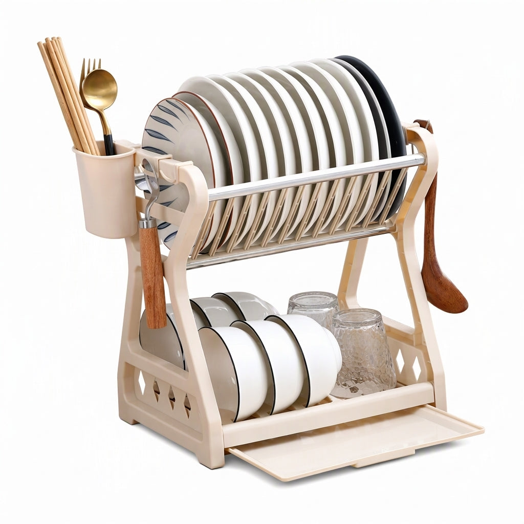 🍽️💧50% DI SCONTO ORA! Scolapiatti in Acciaio Multistrato – Portapiatti Verticale a 2 Livelli con Vassoio Gocciolatoio e Portautensili, Montaggio Senza Attrezzi per Piano di Lavoro della Cucina