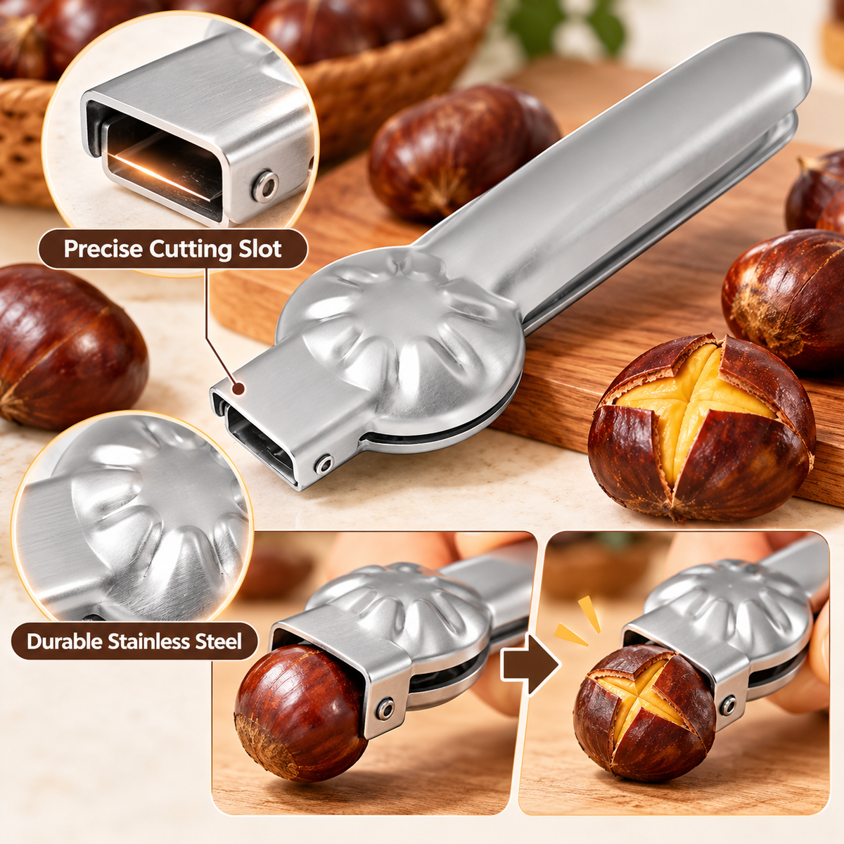 Pinza apricastagne, attrezzo per aprire e sbucciare le castagne crude, in acciaio inox