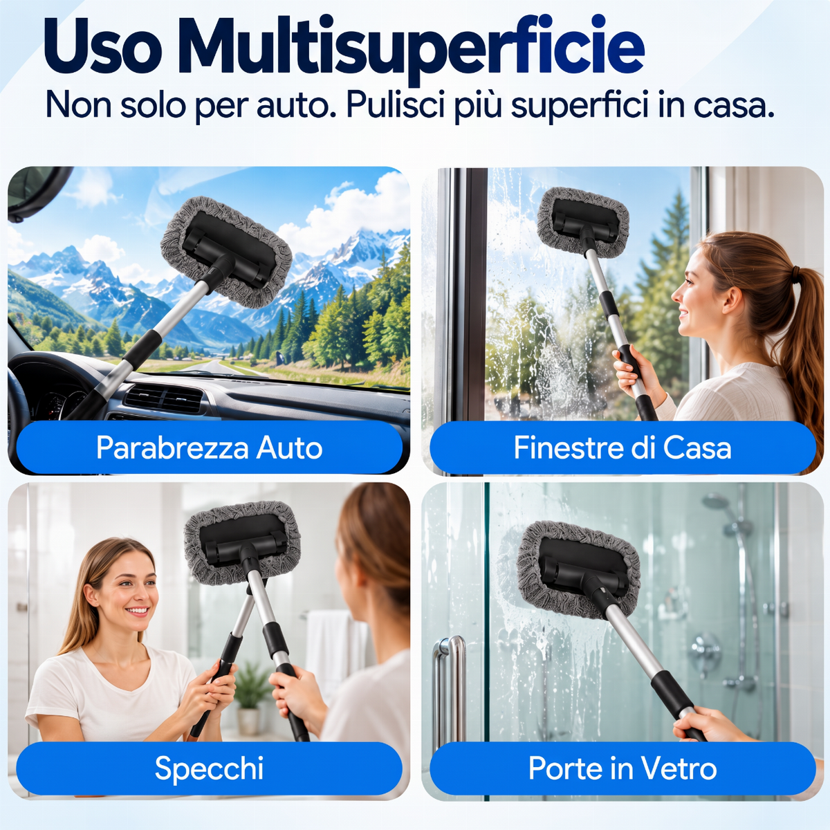 Strumento pulitore per finestre parabrezza estendibile
