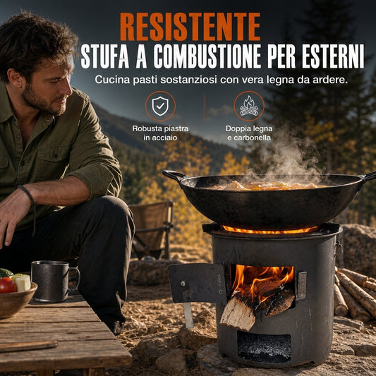 Fornello portatile multifunzione a legna e carbone con piano cottura resistente alla ruggine, per cucinare e riscaldarsi durante il barbecue in campeggio all'aperto