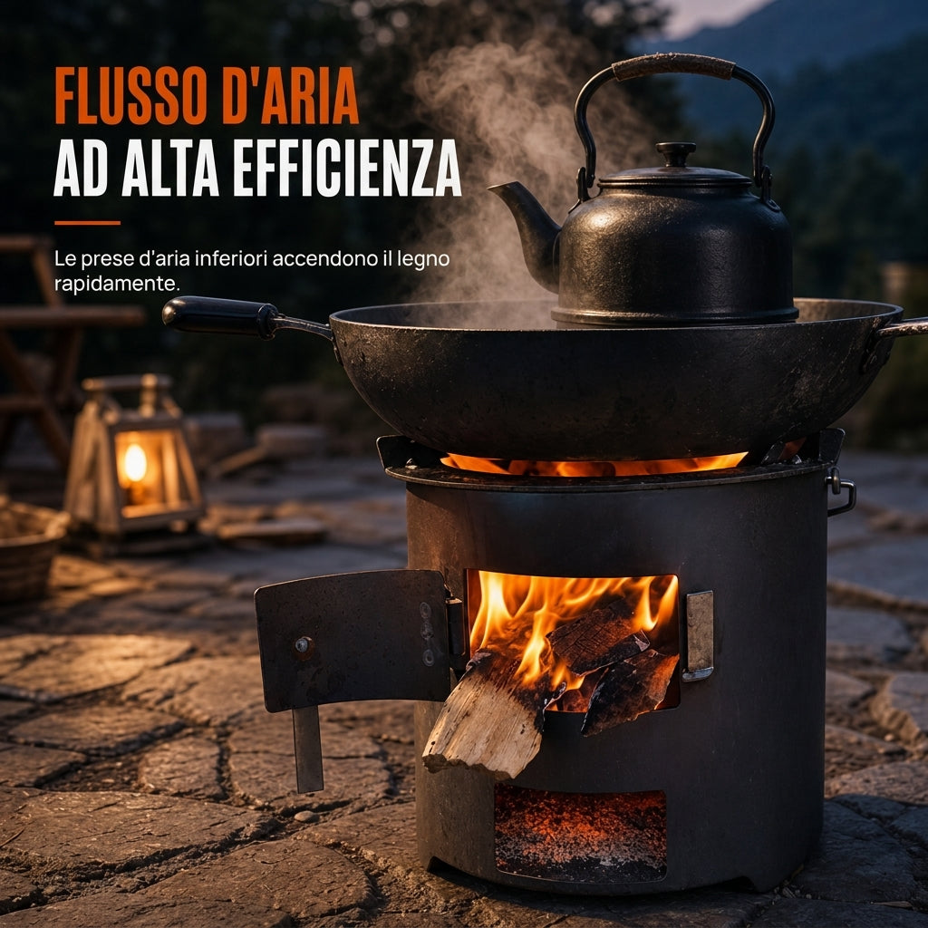 Fornello portatile multifunzione a legna e carbone con piano cottura resistente alla ruggine, per cucinare e riscaldarsi durante il barbecue in campeggio all'aperto