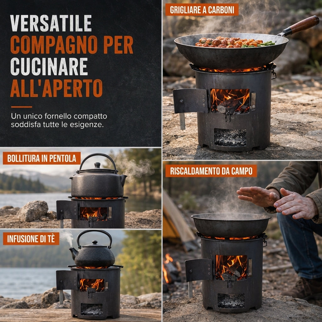 Fornello portatile multifunzione a legna e carbone con piano cottura resistente alla ruggine, per cucinare e riscaldarsi durante il barbecue in campeggio all'aperto