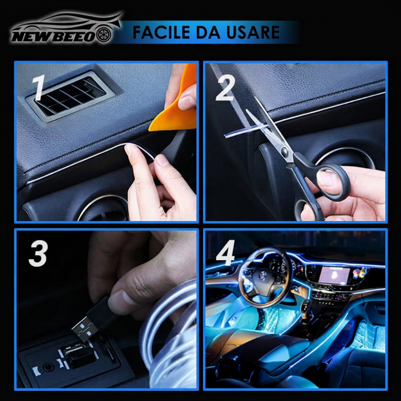 🎁SUBITO -50%!🚀 Striscia LED atmosfera per interni auto💡Molteplici opzioni di colore🔌Alimentazione USB✨Installazione semplice: luce ambientale per cruscotto e portiere