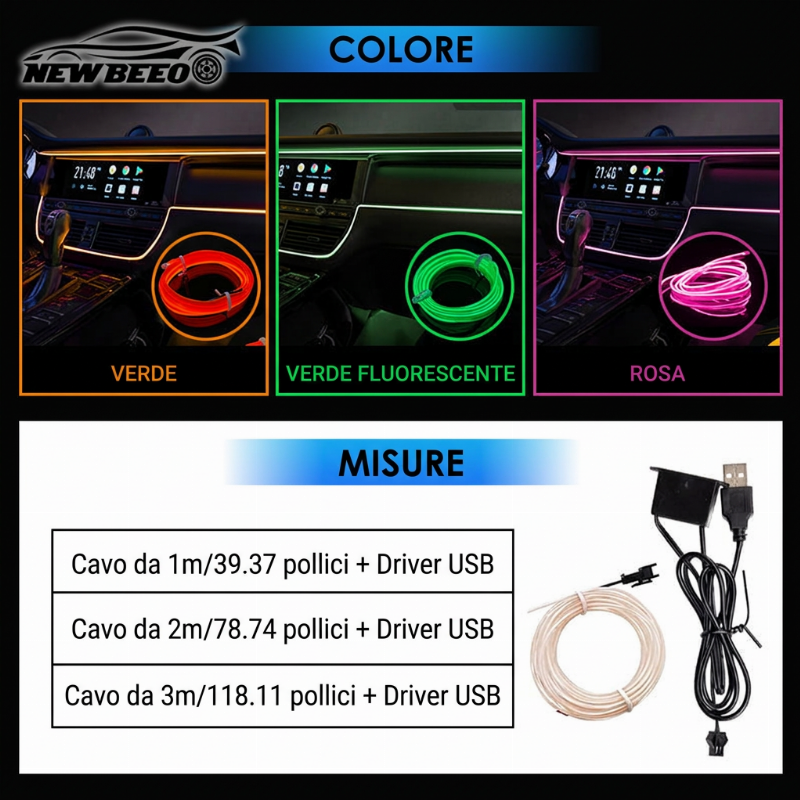 🎁SUBITO -50%!🚀 Striscia LED atmosfera per interni auto💡Molteplici opzioni di colore🔌Alimentazione USB✨Installazione semplice: luce ambientale per cruscotto e portiere