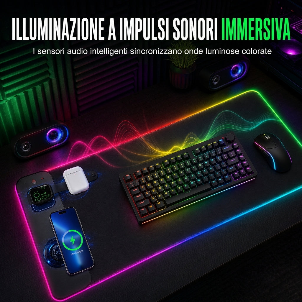 Tappetino Mouse RGB Gaming Grande con Tappetino Scrivania e Tastiera Wireless 3 in 1, Resistente allo Sporco, 800x300x4mm